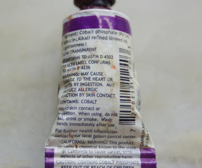 Health labelling on a tube of Cobalt Violet paint