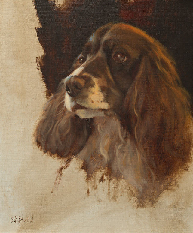An oil painting of an English springer spaniel with dark vignette.