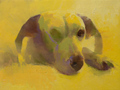 An abstract oil painting of a dog with yellow background.