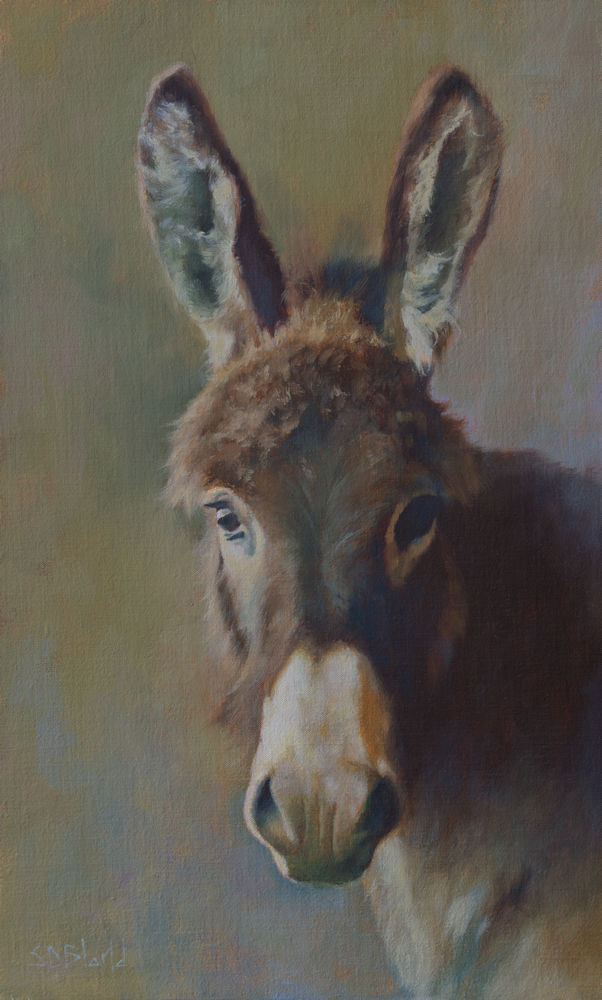 An oil portrait of a donkey