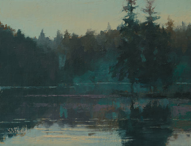 An oil painting of the Pacific Northwest Shoreline with blue-green atmospherics
