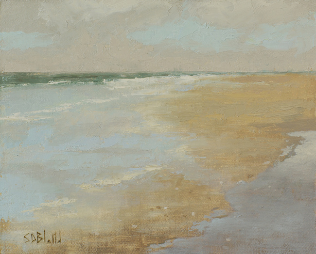 A small painting of a sandy beach at Puget Sound. 