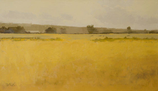 An oil painting with heavily textured deep yellow foreground done in a limited palette.