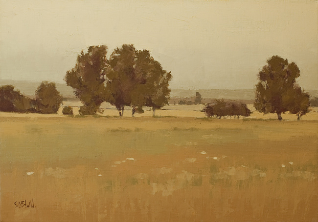 An oil painting of a farm landscape created with an analogous palette by artist Simon Bland