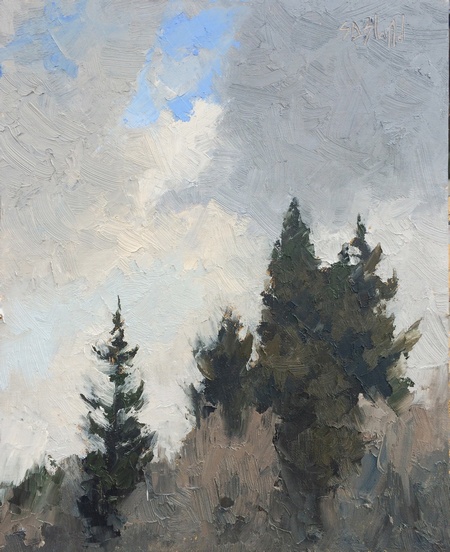 A plein air oil painting of the ridge line overlooking Golden Gardens Park in Ballard, WA.