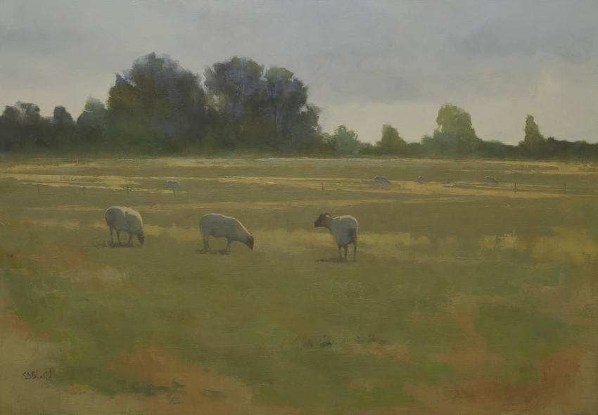An oil painting by Simon Bland of sheep in a green field with a distant tree line.