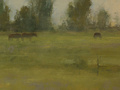 An oil painting of horses in a pasture with diffuse light through a distant treeline.