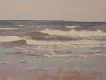An oil painting of waves breaking on the beach at low tide