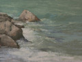 A painting of waves crashing into rocks