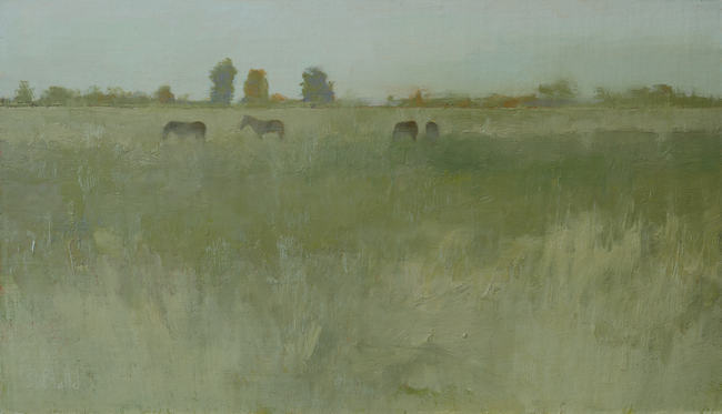 An oil painting of horses in a field with distant treeline.