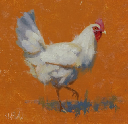 An oil painting of a chicken at George's Mill Farm in Lovettsville, VA.