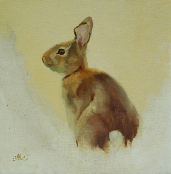 An oil painting of a sitting rabbit as viewed from the side with a partially finished yellow background.