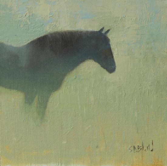 An oil painting of a dark horse seen in profile against an abstract green background