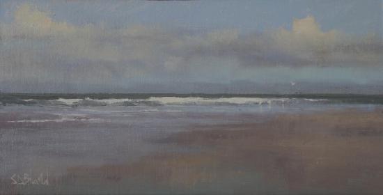 An oil painting of a Massachusetts beach with rolling surf and seagulls