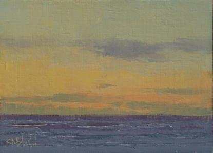 An oil painting of sunset over the ocean