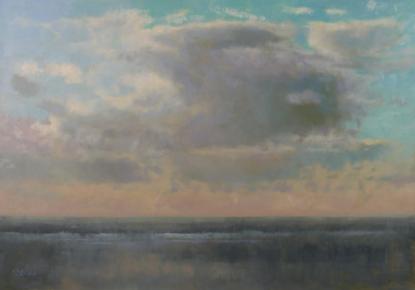 An oil painting by Simon Bland of large cloud structures over the ocean. There is a hint of late afternoon yellow light towards the horizon.