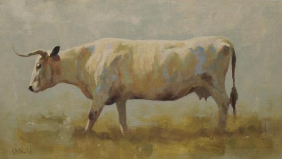 	An impressionistic painting of the side-on view of a Highland Park cow. The painting is done in an impressionistic style with an abstract green/gray background.