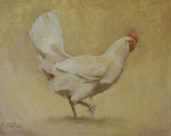 An oil painting of a chicken seen from sideways-on. The painting is done in a subdued palette of ochre and raw umber.